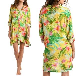 NWT La Blanca Calypso Button-Up Cover-Up Shirt Yellow Tropical.   17